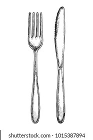 Sketch Fork And Knife Cutlery Vector Isolated