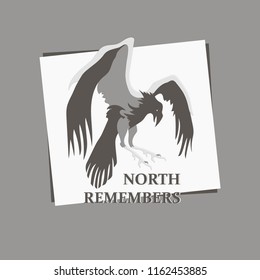 Sketch of a formidable bird on a white background. Hand drawing of a crow with the inscription NORTH REMEMBERS. A symbol of courage and strength. Contrast image in the square.