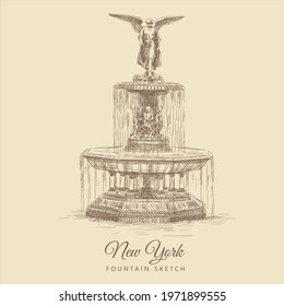 Sketch of the Fountain with sculpture in the Central Park, New York, USA, hand-drawn.