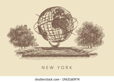 Sketch of the Fountain of Unisphere and trees, New York, hand-drawn.