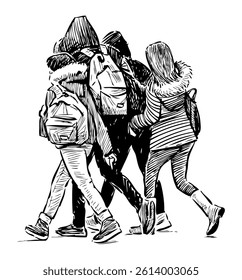 Sketch of four teen students walking together outdoors, realistic vector hand drawn illustration isolated on white