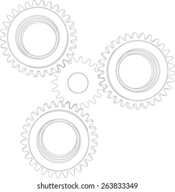 Sketch of four wire-frame gears. Front view. Vector illustration rendering of 3d