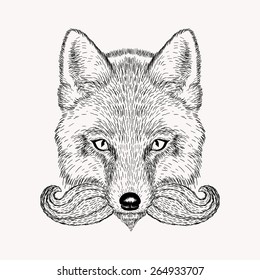 Sketch fox with a beard and moustache. Hand drawn vector  illustration in Doodle style. Engraving sketch for tattoos.