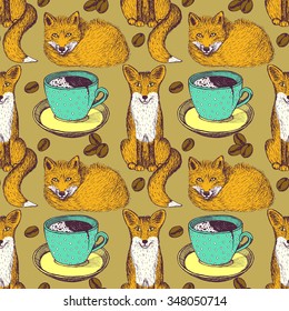 Sketch foxes and coffee in vintage style, vector seamless pattern