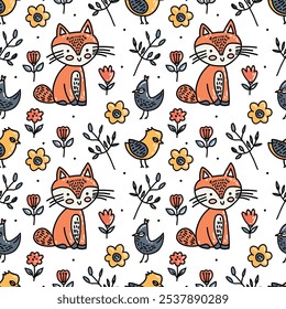 A sketch of foxes, leaves and flowers. A hand drawn illustration. Chicken and fox pattern.