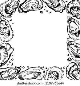 Sketch frame illustration of oyster. Ink border. Oyster farm and oyster restaurant design.