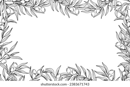 Sketch frame of olive branch with berries and leaves. Hand drawn vector line art illustration. Black and white drawing of the symbol of Italy or Greek for cards, design logo, tattoo