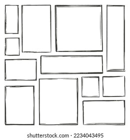 Esbozar la colección de doodles de marcos. Marco esquemático, formas cuadradas dibujadas a mano. cuadrado de línea negra para la caja de fotos. Los trazos artísticos dan forma a un kit vectorial neoterino