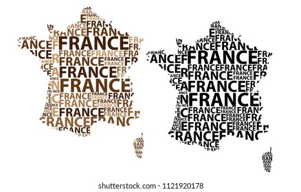 Sketch France letter text map, French Republic - in the shape of the continent, Map France - black and brown vector illustration