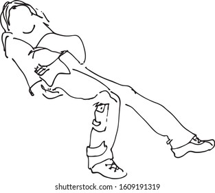 Sketch. Freehand drawing. A young, woman sleeps leaning back in an armchair. Traveler waiting for the plane. Isolated vector illustration Black on white.