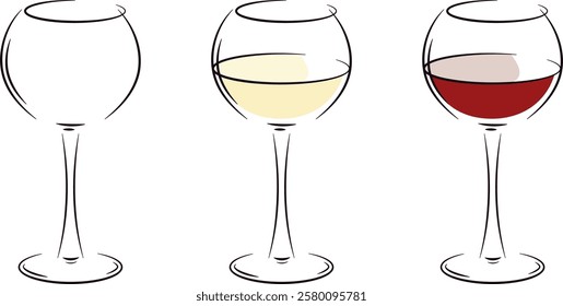 Sketch, freehand or loose drawing of an empty glass and a filled red and white wine glass. Isolated vector illustration.