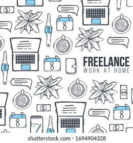 Sketch of Freelance. Work at Home. Remote work. Hand draw doodle background