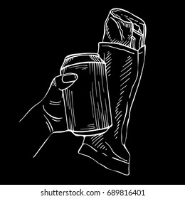 Sketch French baguette sandwich and can in hand.Ink hand drawn illustration Isolated on a white background.Hand holding sandwich and Blank Can