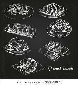 The sketch of French desserts.  Set on chalkboard