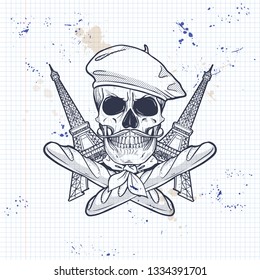 Sketch, french skull with beret, baguette, The Eiffel Tower and mustaches on a notebook page