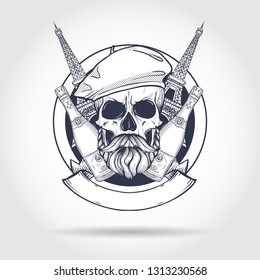 Sketch, french skull with beret, bottle of champagne, The Eiffel Tower and beard with mustaches