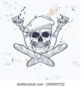 Sketch, french skull with beret, bottle of exploding champagne and mustaches on a notebook page