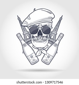 Sketch, french skull with beret, The Eiffel Tower, mustaches, bottle of champagne, neck scarf and sunglasses
