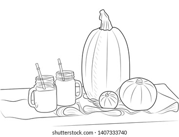 Sketch fresh pumpkin and pumpkin juice on a burlap on a wooden table.