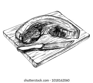 Sketch fresh raw pork piece. Hand drawn sliced pork belly on wooden board. detailed ink meat illustration