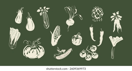 A sketch of fresh vegetables drawn in white chalk. Carrot, artichoke, eggplant, beetroot, pumpkin, pepper, cucumber, tomatoes on a branch, leek, corn, cabbage. A set for menu, background, print, card