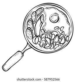 Sketch Fried egg, beans in tomato sauce, sausage slice, traditional breakfast on pan. Ink hand drawn illustration