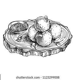 Sketch Fried mozzarella cheese balls on wooden board. Hand drawn cheese.
 Italian Cuisine. Vector illustration.