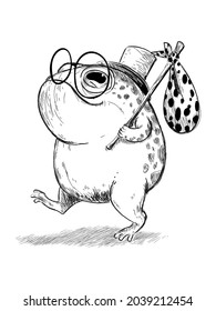 Sketch of frog walking, line,black and white,drawn,icon character vector illustration.
