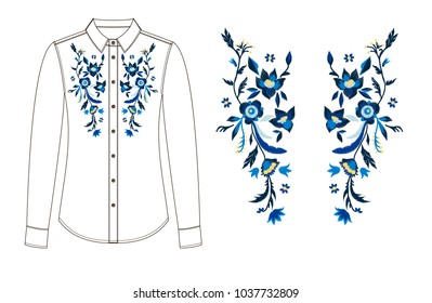 sketch of front and back parts of  blouse with floral embroidery. 