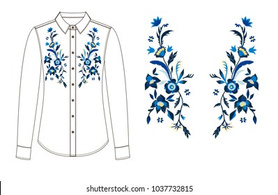 sketch of front and back parts of  blouse with floral embroidery. 