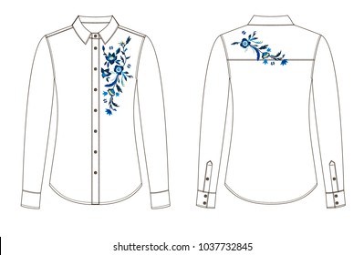 sketch of front and back parts of  blouse with floral embroidery. 