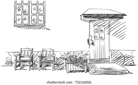 Sketch of front door with small square decorative windows, two armchairs, window and flower pot, Hand drawn vector illustration