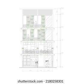 sketch of the front view or elevation of the building for shop houses, flats, apartments, hotels, motels, inns