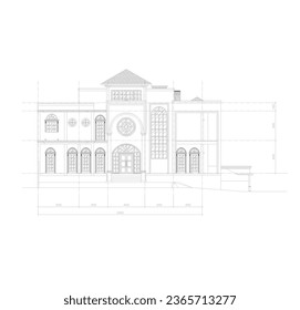 sketch of the front view or elevation of a large and luxurious residence with a modern classic concept