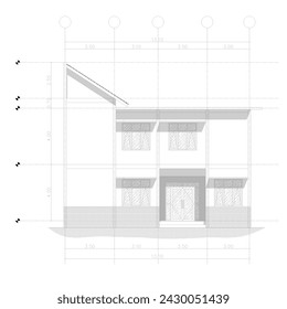 sketch of the front view or elevation of an office building with a sloping roof complete with dimensions and grid