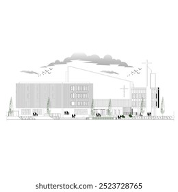 esboço da vista frontal ou fachada de um grande edifício para uma igreja