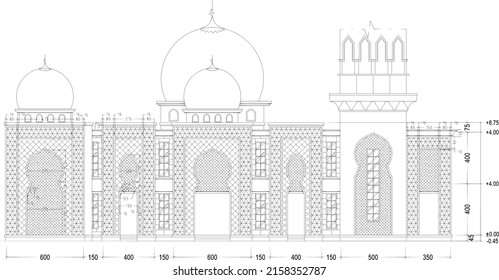 boceto de la vista frontal de la gran mezquita con una gran cúpula
