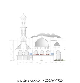 sketch of the front view of the mosque and Islamic boarding school
