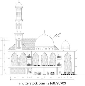 sketch of the front view of the mosque and Islamic school