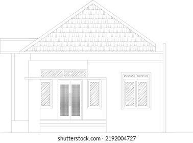 sketch of the front view of a residential house with a modern minimalist concept, sketched in black and white
