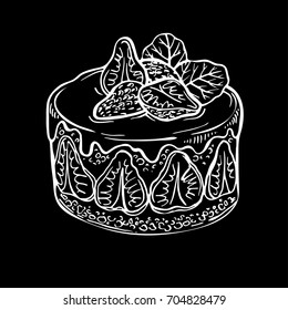 Sketch fruit cake, berry. hand drawn ink strawberry cake. illustration of baking. Cafe doodle menu. Illustration on black