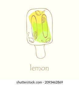 Sketch of fruit ice cream with lemon flavor. The outline is drawn by hand. Ice cream is suitable for infographics and applications, postcards, greetings, labels.