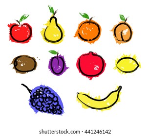 Sketch fruit set illustration. Hand drawing brush vector icon. Organic products, eco, bio, natural, logotype, labels, sign, symbol, stickers fruit for design menu cafe, bar, market, restaurant.