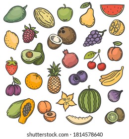Sketch fruits. Hand drawn color fruits apple, orange and lemon, banana and kiwi, cherry and berries vegan natural food doodle vector set. Apple and banana, pineapple and orange sketch illustration