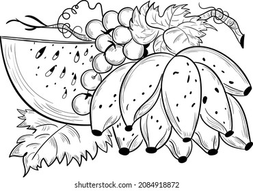 Sketch fruits. Strawberry melon, peach mango. Banana pineapple, raspberry grapes hand drawn fruit berry and leaf vector set. Illustration of melon and banana.