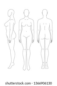 Sketch Of A Full Female Body. Front, Side And Rear View. Female Body Template For Drawing Clothes. You Can Print And Draw Directly On Sketches.