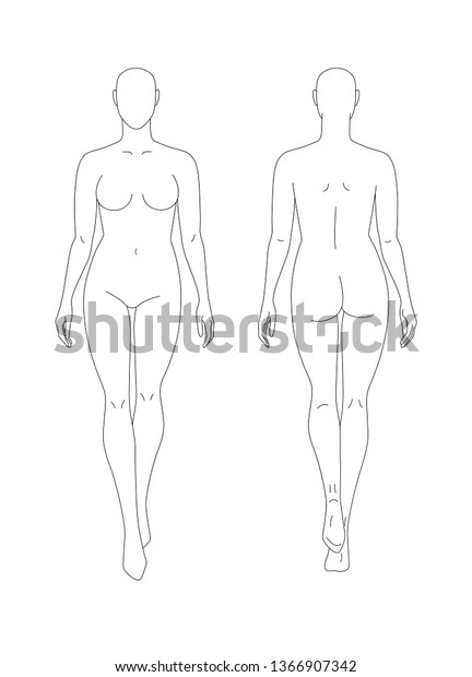 Sketch Full Female Body Front Back People Beauty Fashion Stock