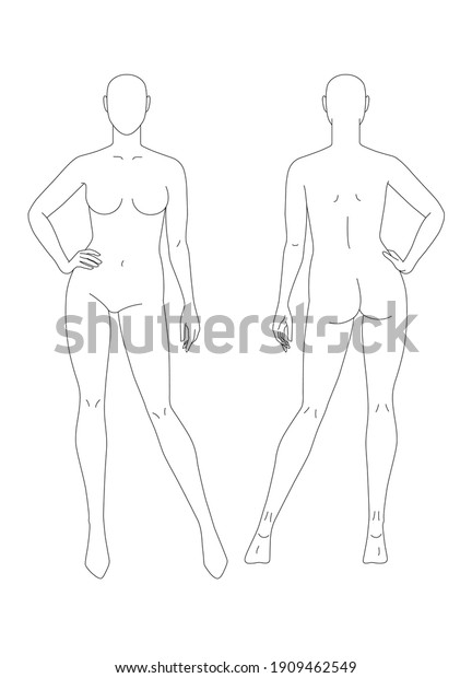 Sketch of a full female body. Front and\
back view. The position of the hand at the waist. Female body\
template for drawing clothes. You can print and draw directly on\
sketches. Fashion\
Illustration.