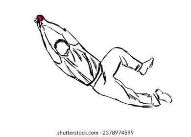 sketch of Full length of player diving to catch ball. Isolated sketch of a cricketer in the field.