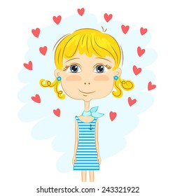 Sketch of funny blonde curly girl in striped dress and hearts around
